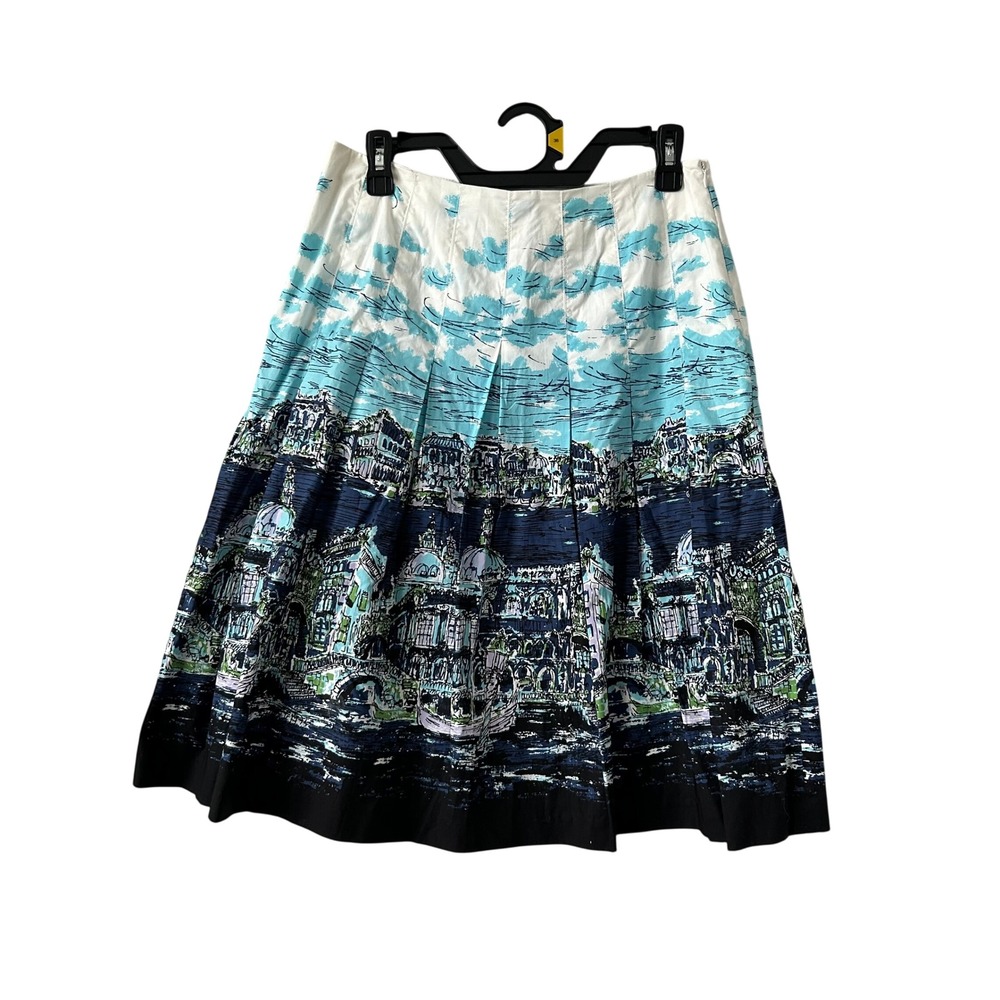 Talbots Pleated A-Line Skirt 4P Blue White Venice Italy Canal Scene Cotton